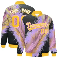 Gold Feather Fluid Pattern Full-Snap Varsity Letterman Baseball Jacket