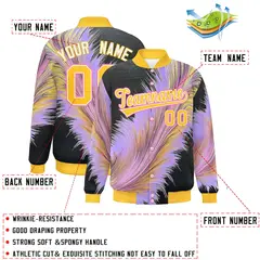Gold Feather Fluid Pattern Full-Snap Varsity Letterman Baseball Jacket 2
