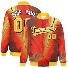 Gold Feather Fluid Pattern Full-Snap Varsity Letterman Baseball Jacket