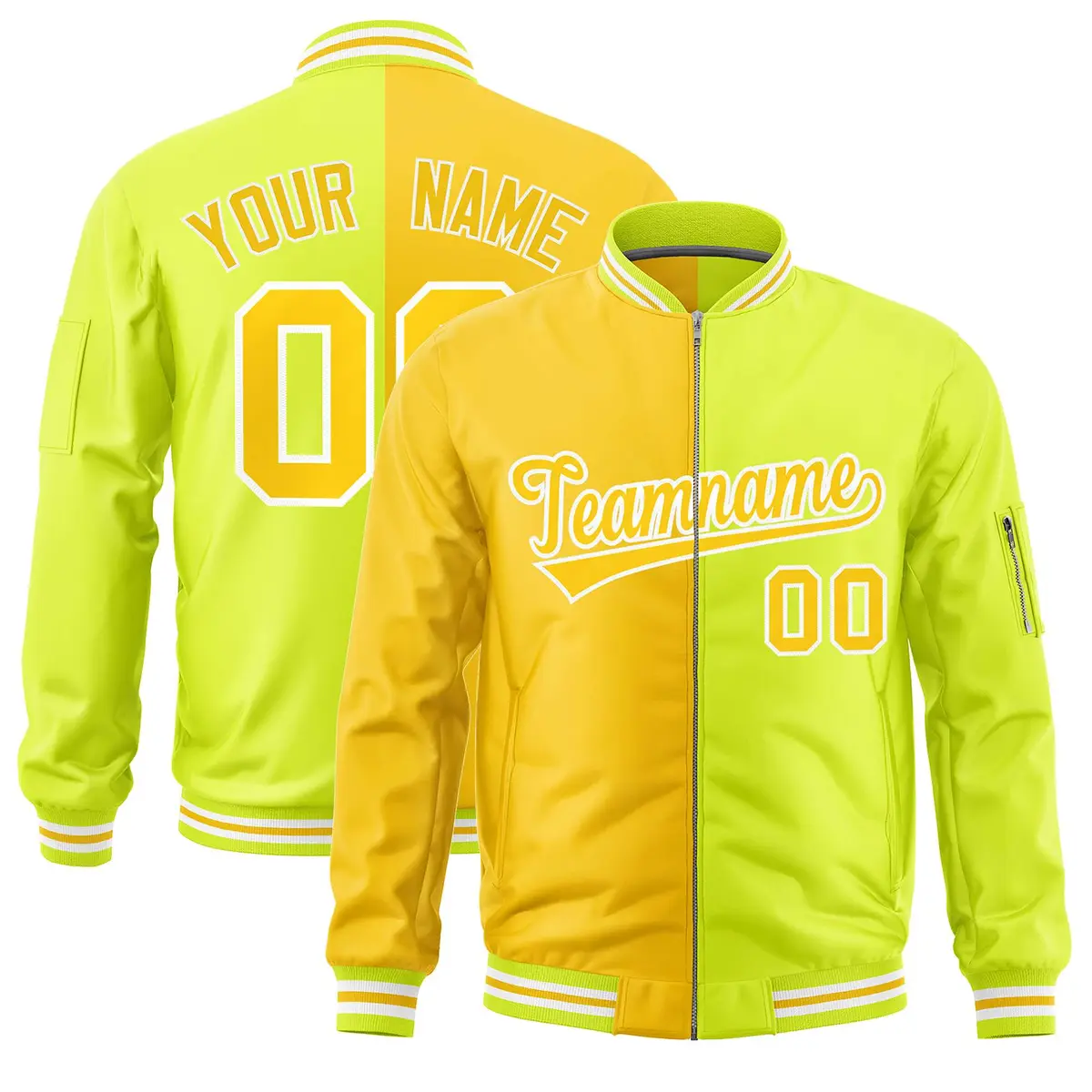 Gold Fluorescent Green Two Tone Full-Zip Varsity Letterman Bomber Jacket