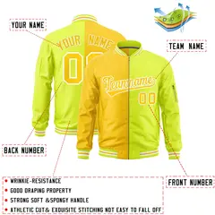Gold Fluorescent Green Two Tone Full-Zip Varsity Letterman Bomber Jacket 2