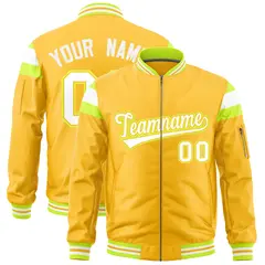 Gold Fluorescent Green White Full-Zip Shoulder Block Varsity Letterman Bomber Jacket 1