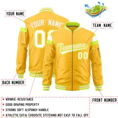 Gold Fluorescent Green White Full-Zip Shoulder Block Varsity Letterman Bomber Jacket 2