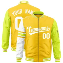 Gold Fluorescent Green-White Stripe Varsity Letterman Bomber Jacket 1