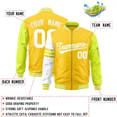 Gold Fluorescent Green-White Stripe Varsity Letterman Bomber Jacket 2