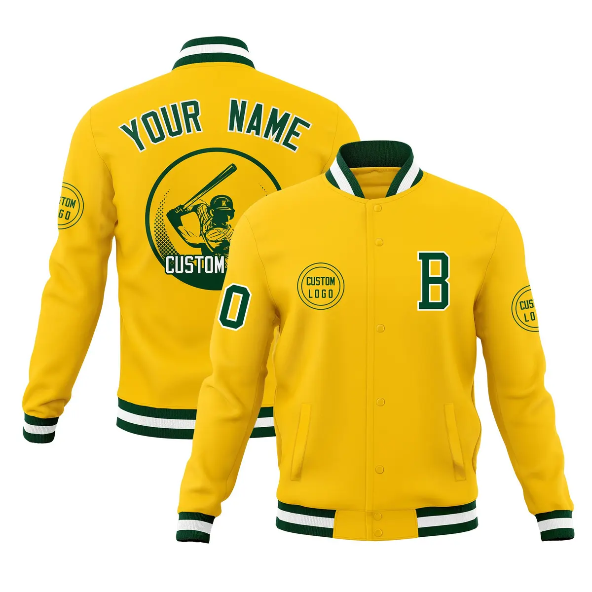 Gold Full-Snap Varsity Letterman Baseball Jacket