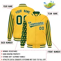 Gold Green American Flag Varsity Raglan Letterman Bomber Jacket 2
