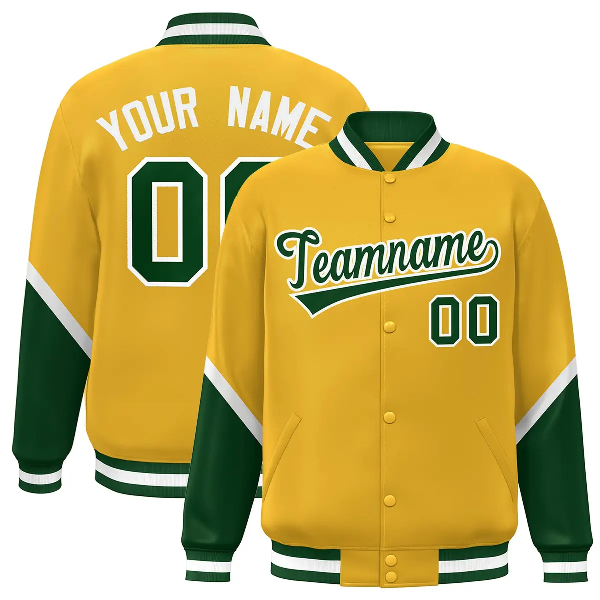 Gold Green Color Block Varsity Letterman Baseball Jacket