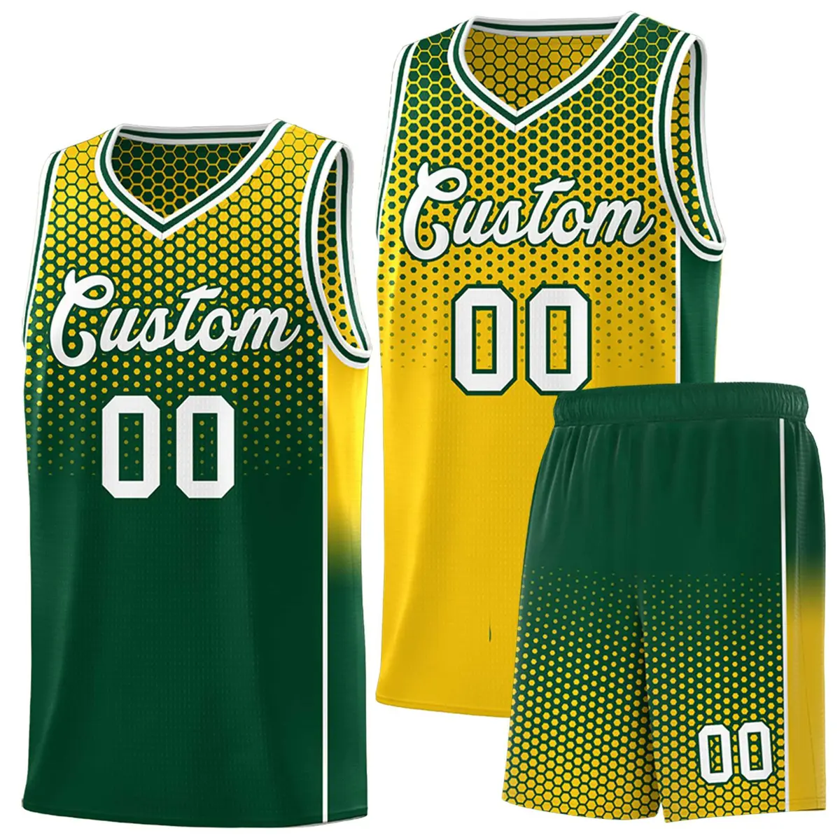 Gold Green Dot Pattern Reversible Gradient Basketball Jersey Kits