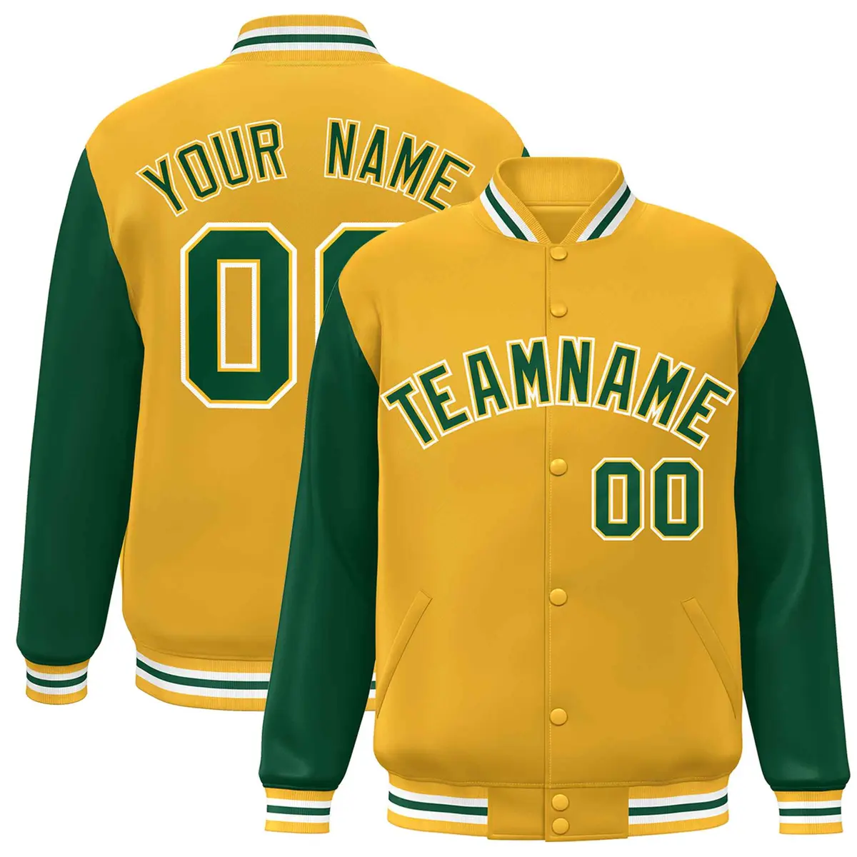 Gold Green-Gold Raglan Sleeves Varsity Full-Snap Letterman Jacket