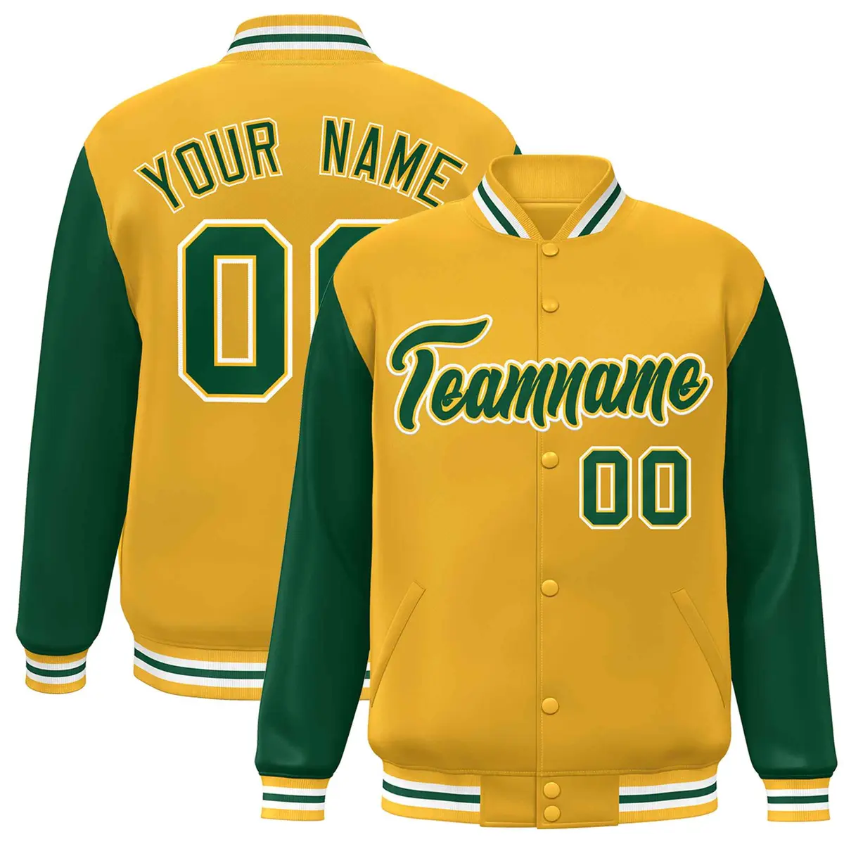 Gold Green-Gold Raglan Sleeves Varsity Full-Snap Letterman Jacket