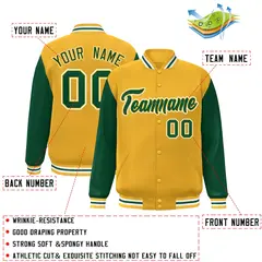 Gold Green-Gold Raglan Sleeves Varsity Full-Snap Letterman Jacket 2