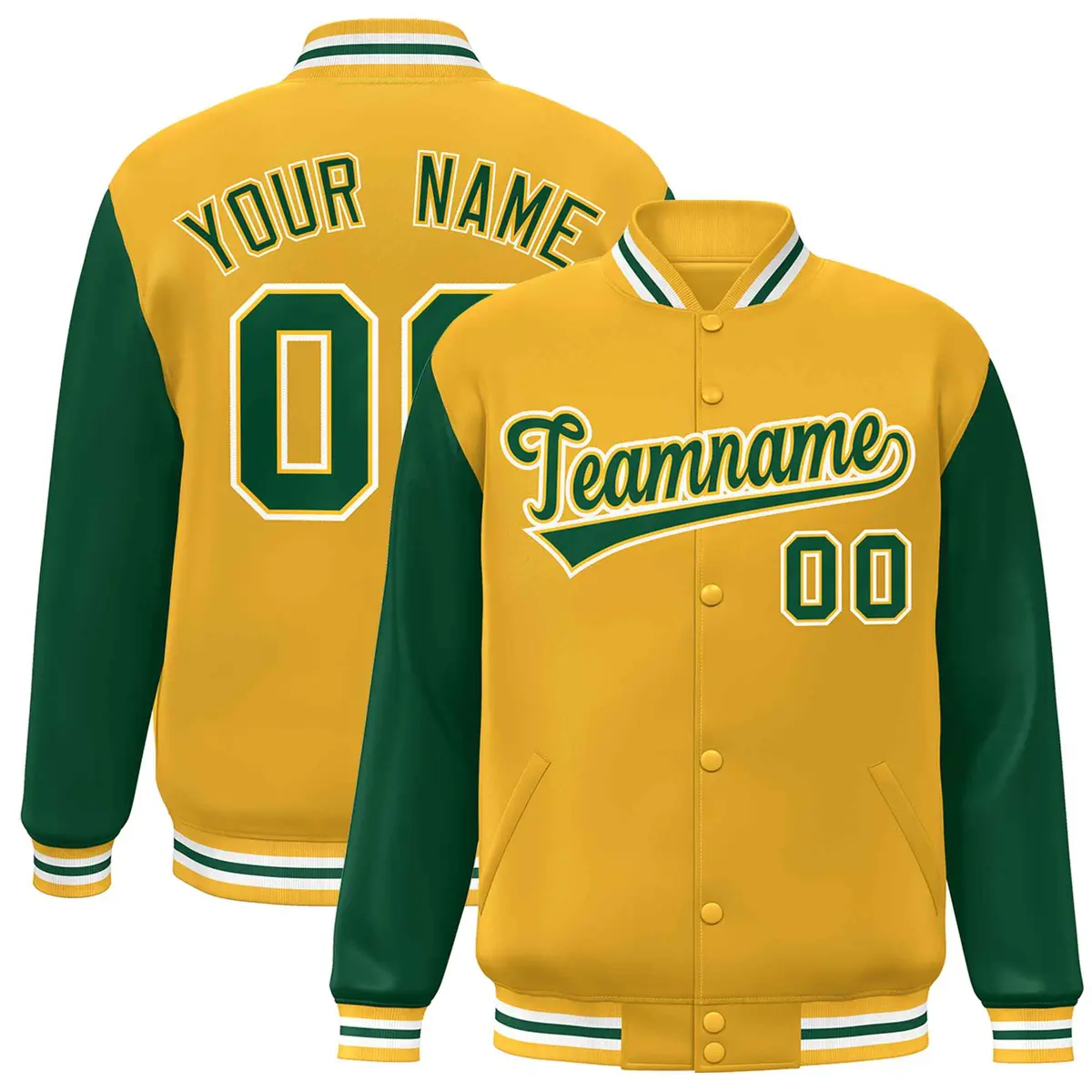 Gold Green-Gold Raglan Sleeves Varsity Full-Snap Letterman Jacket
