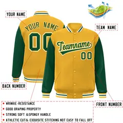 Gold Green-Gold Raglan Sleeves Varsity Full-Snap Letterman Jacket 2