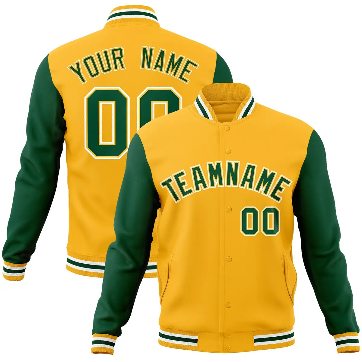 Gold Green-Gold Raglan Sleeves Varsity Full-Snap Letterman Jacket