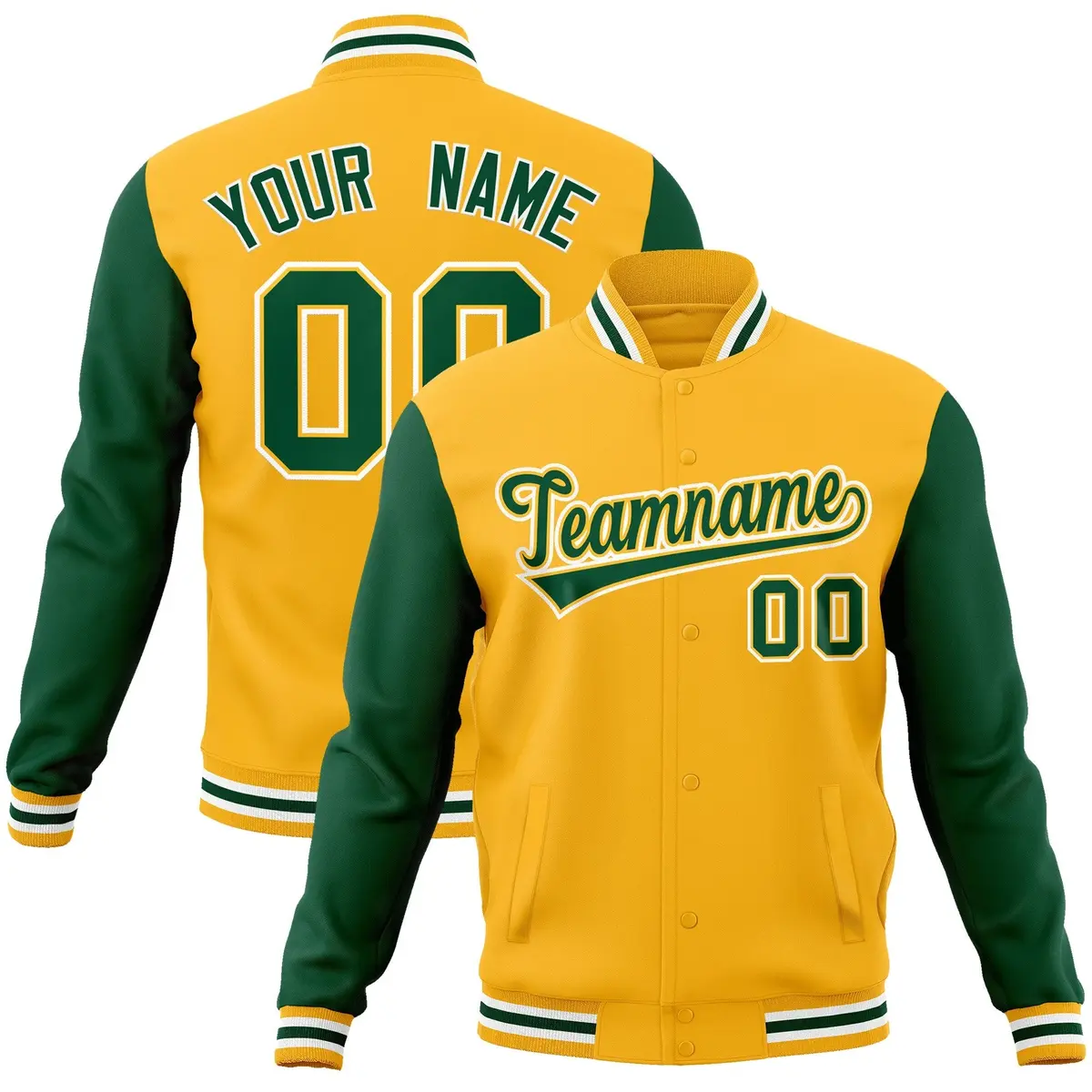 Gold Green-Gold Raglan Sleeves Varsity Full-Snap Letterman Jacket