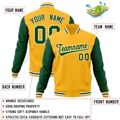 Gold Green-Gold Raglan Sleeves Varsity Full-Snap Letterman Jacket 4