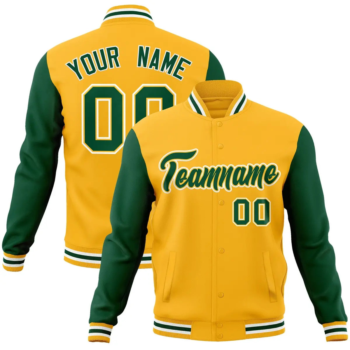 Gold Green-Gold Raglan Sleeves Varsity Full-Snap Letterman Jacket