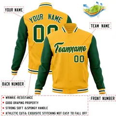 Gold Green-Gold Raglan Sleeves Varsity Full-Snap Letterman Jacket 4