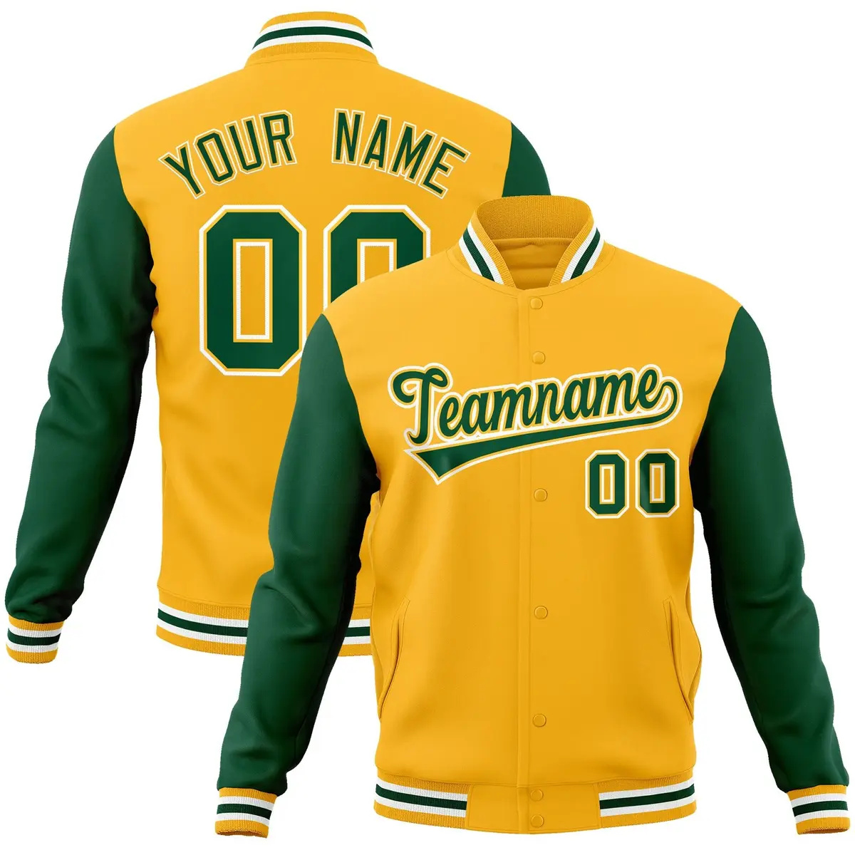 Gold Green-Gold Raglan Sleeves Varsity Full-Snap Letterman Jacket
