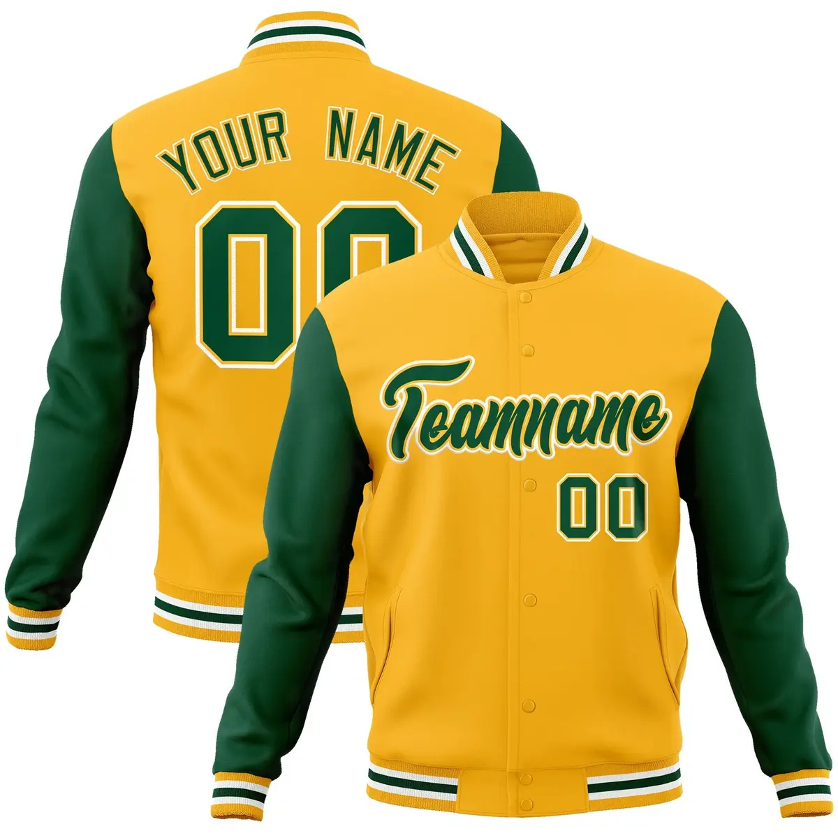 Gold Green-Gold Raglan Sleeves Varsity Full-Snap Letterman Jacket