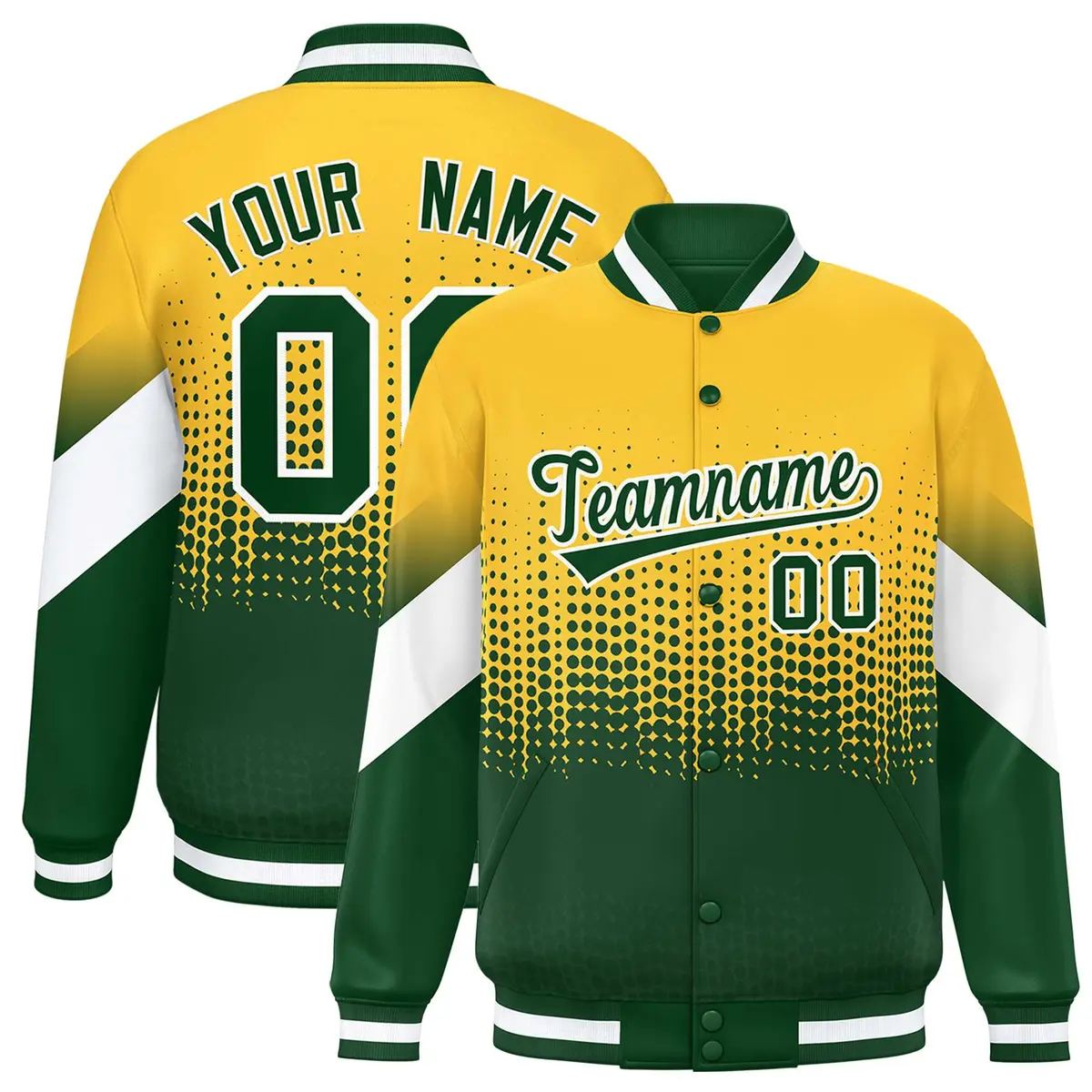 Gold Green Gradient Polka Dot Full-Snap Varsity Baseball Jacket