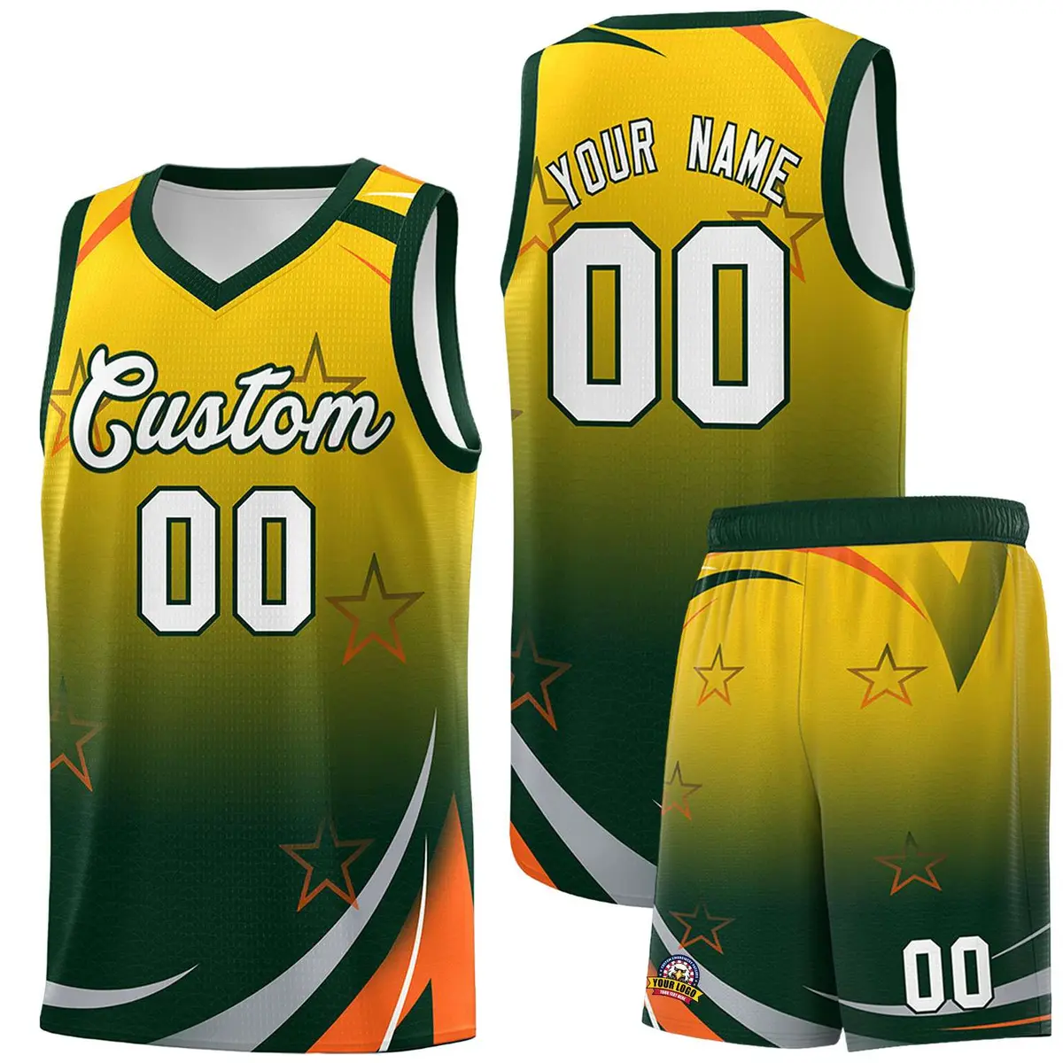 Gold Green Gradient Star Graffiti Basketball Jersey
