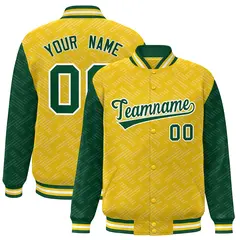 Gold Green L Pattern Varsity Raglan Full-Snap Letterman Baseball Jacket 1