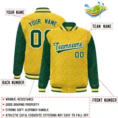 Gold Green L Pattern Varsity Raglan Full-Snap Letterman Baseball Jacket 2