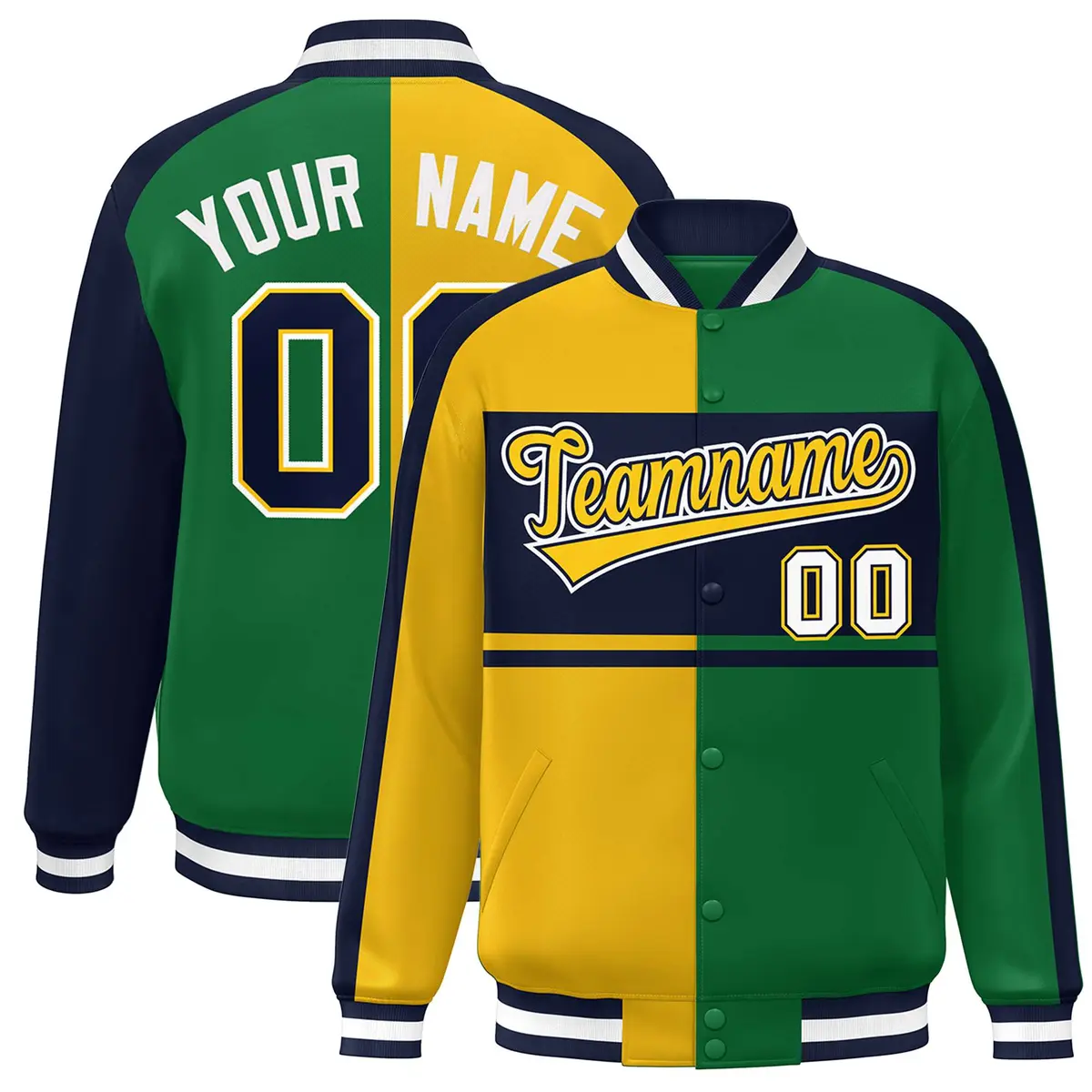 Gold Green Navy-White Color Block Varsity Baseball Jacket