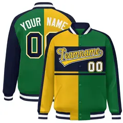 Gold Green Navy-White Color Block Varsity Baseball Jacket 1