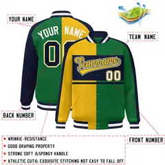 Gold Green Navy-White Color Block Varsity Baseball Jacket 2
