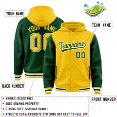 Gold Green Raglan Full-Snap Varsity Two Tone Letterman Hoodie 4
