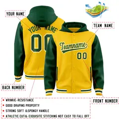 Gold Green Raglan Full-Snap Varsity Two Tone Letterman Hoodie 4