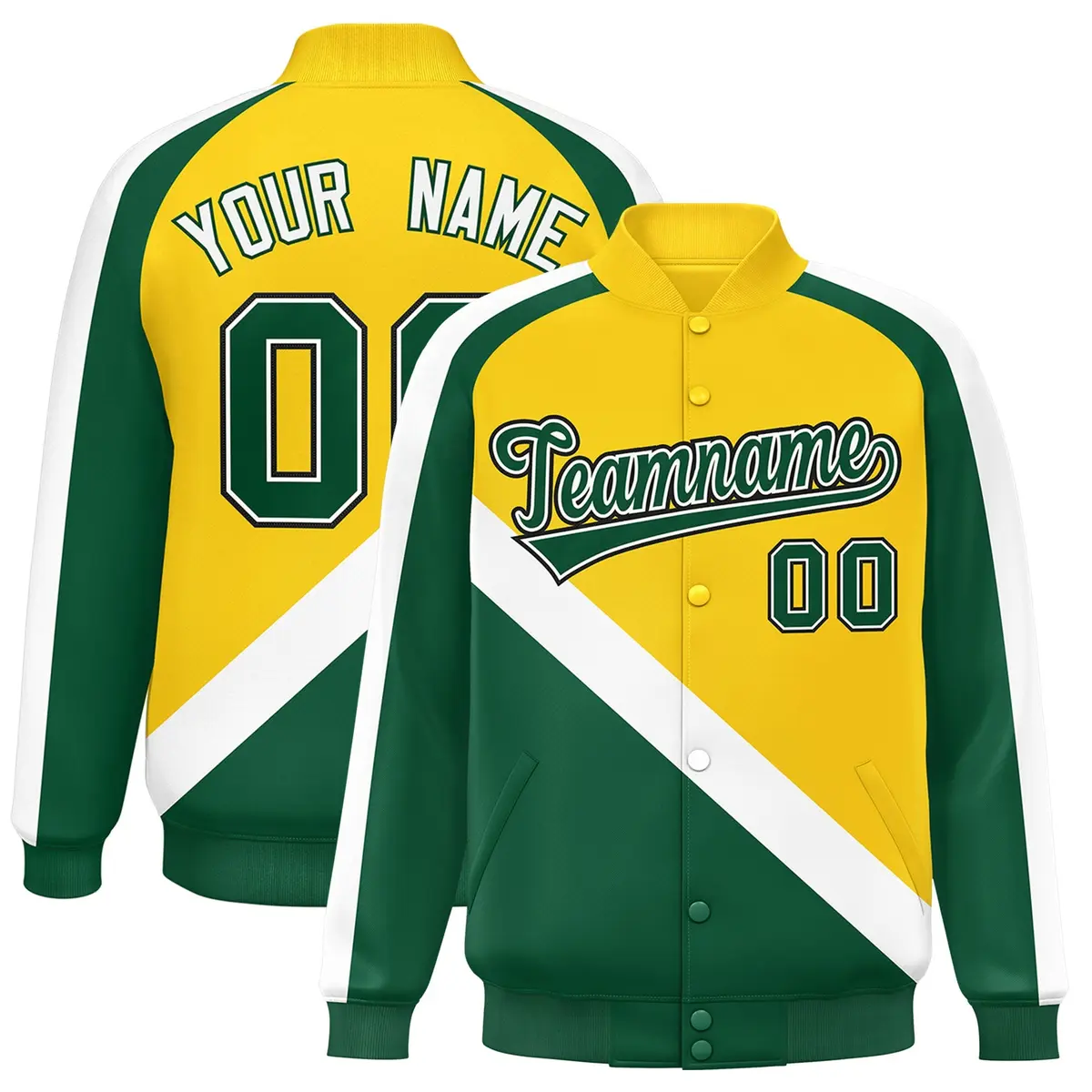Gold Green Raglan Sleeves Full-Snap Letterman Baseball Jacket