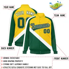 Gold Green Raglan Sleeves Full-Snap Letterman Baseball Jacket 2