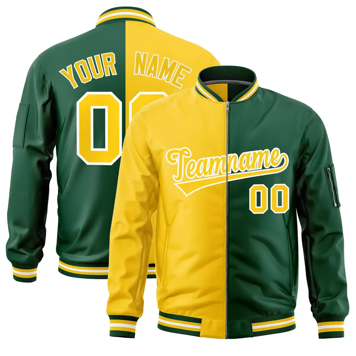 Gold Green Two Tone Full-Zip Varsity Letterman Bomber Jacket