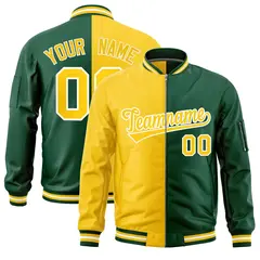 Gold Green Two Tone Full-Zip Varsity Letterman Bomber Jacket 1