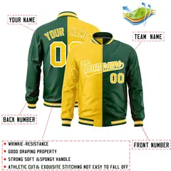 Gold Green Two Tone Full-Zip Varsity Letterman Bomber Jacket 2