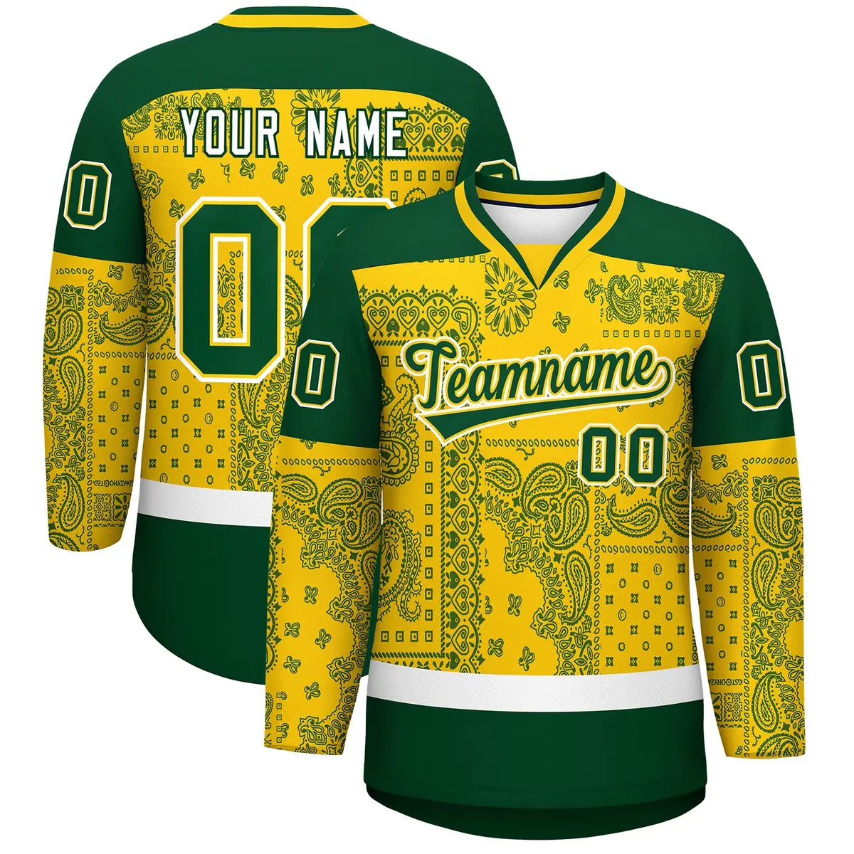 Gold Green White Cashew Flower Graffiti V-Neck Hockey Jersey