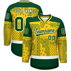 Gold Green White Cashew Flower Graffiti V-Neck Hockey Jersey 1