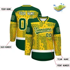 Gold Green White Cashew Flower Graffiti V-Neck Hockey Jersey 2