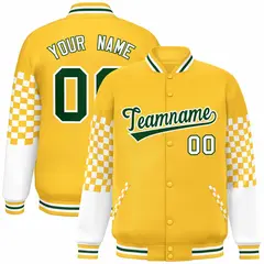 Gold Green-White Checkered Color Block Bomber Varsity Jacket