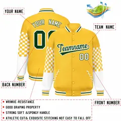 Gold Green-White Checkered Color Block Bomber Varsity Jacket 2