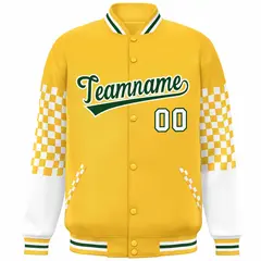 Gold Green-White Checkered Color Block Bomber Varsity Jacket 3