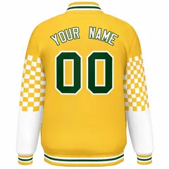 Gold Green-White Checkered Color Block Bomber Varsity Jacket 4