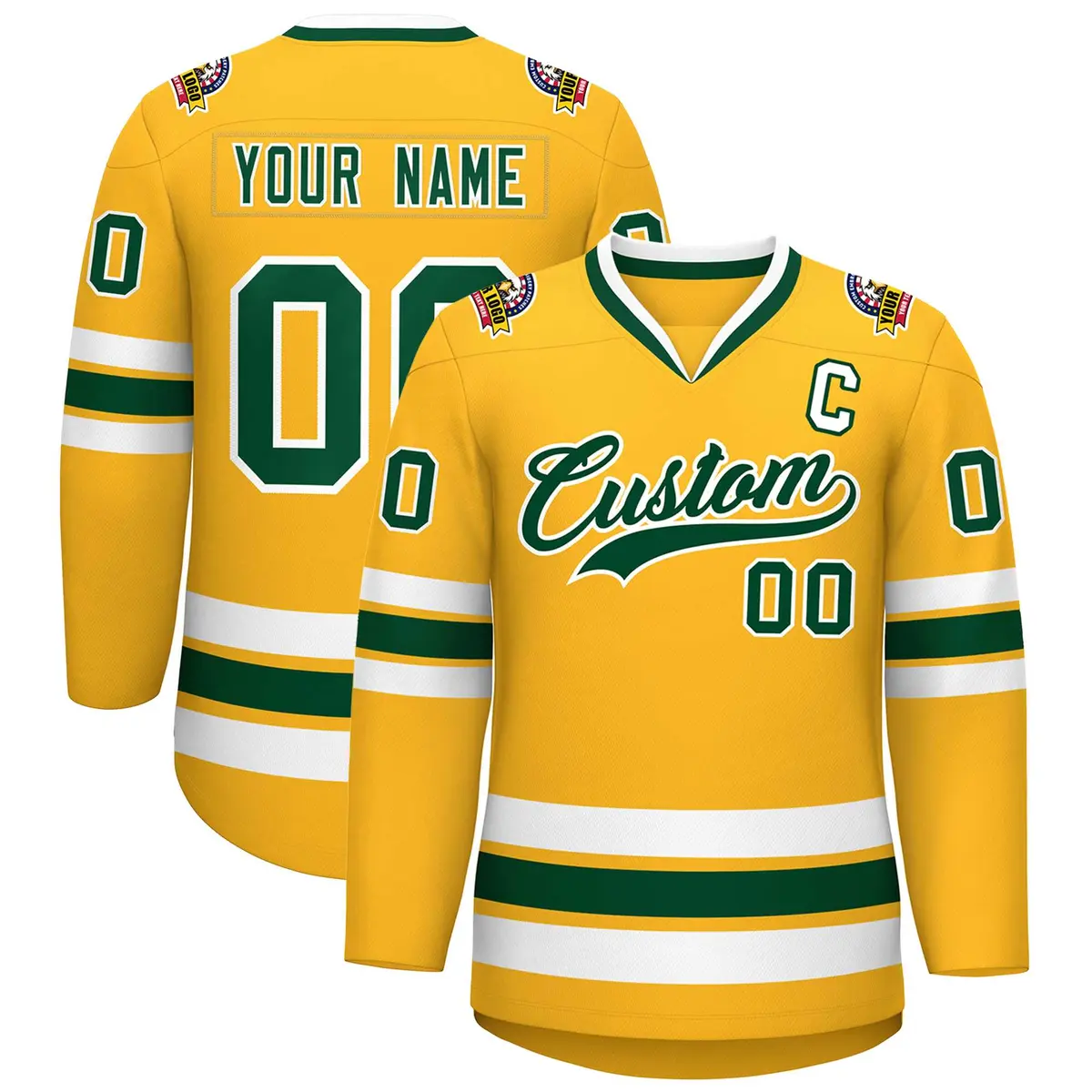 Gold Green-White Classic Style Hockey Jersey