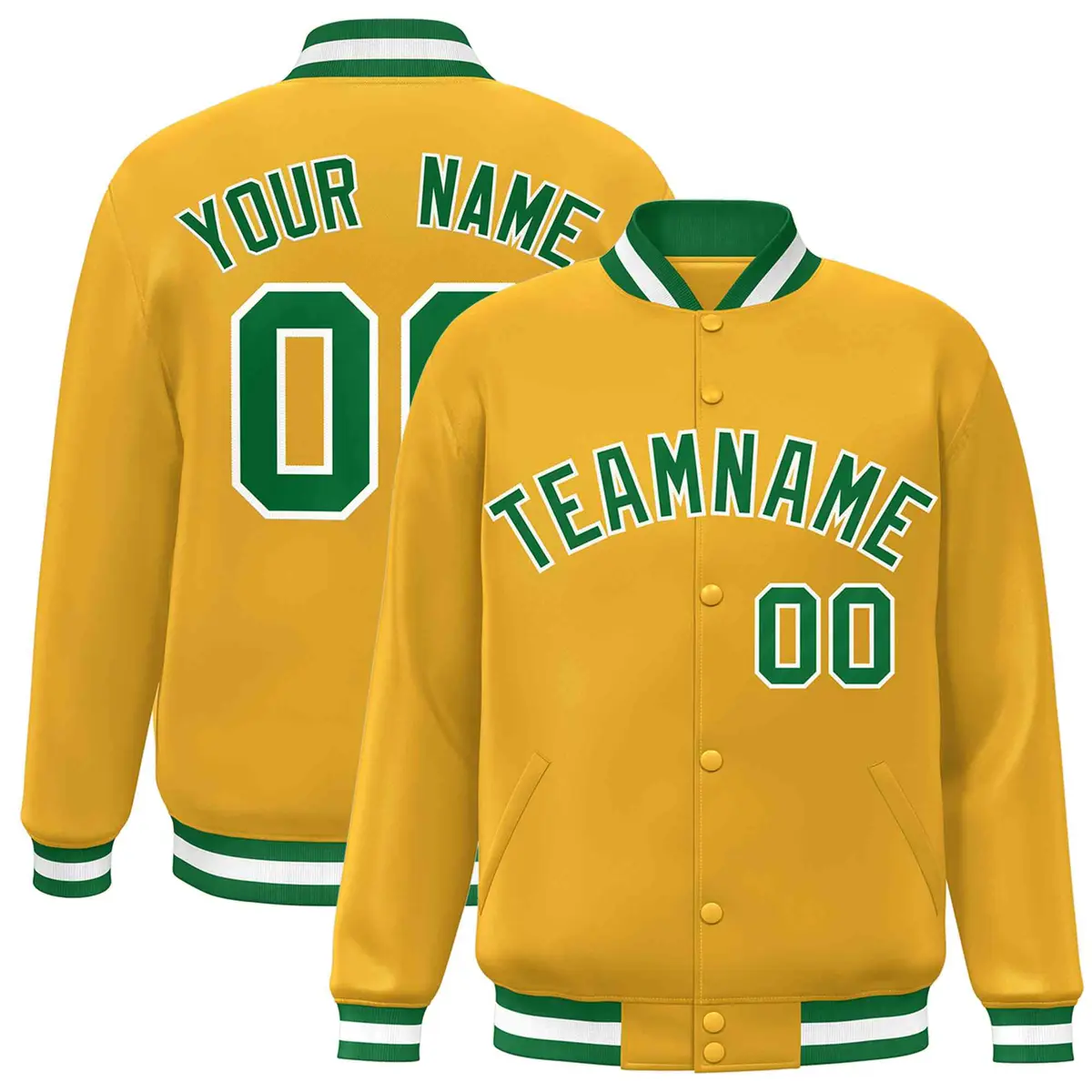 Gold Green-White Classic Varsity Full-Snap Letterman Jacket