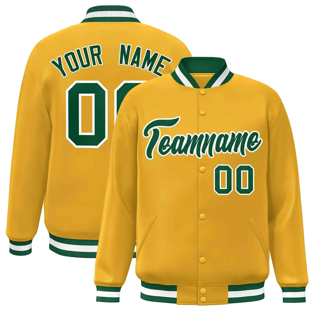 Gold Green-White Classic Varsity Full-Snap Letterman Jacket