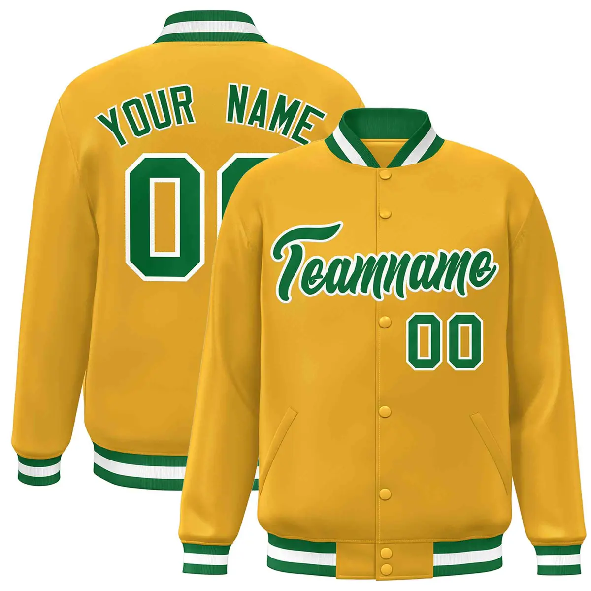 Gold Green-White Classic Varsity Full-Snap Letterman Jacket
